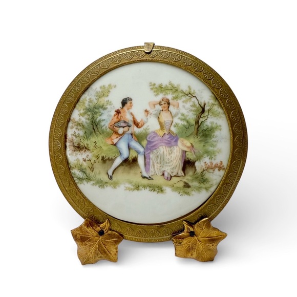 Vintage Porcelain Courting Scene Small Plate Ormolu Gilt Metal Easel Framed